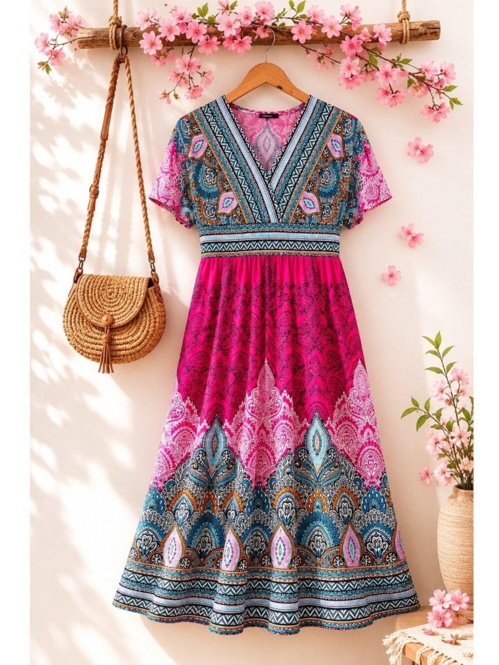Boho Paisley Maxi Dress Pink Turquoise V-Neck Festival Resort Summer Dress Sz L - Picture 12 of 12